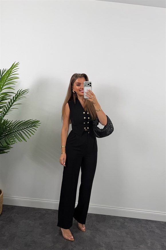 Premium Seri Gold Düğmeli Yelek Palazzo Takım Siyah