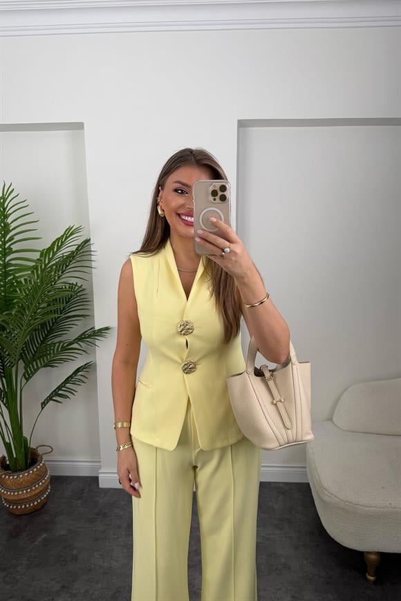 Premium Seri Gold Düğmeli Yelek Palazzo Takım Sarı