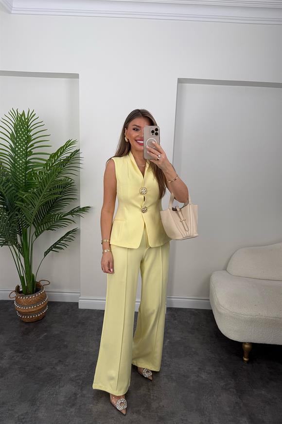 Premium Seri Gold Düğmeli Yelek Palazzo Takım Sarı