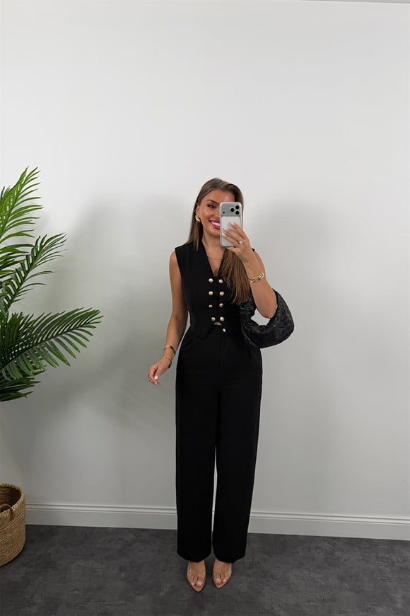 Premium Seri Gold Düğmeli Yelek Palazzo Takım Siyah