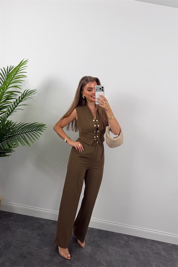 Premium Seri Gold Düğmeli Yelek Palazzo Takım Haki