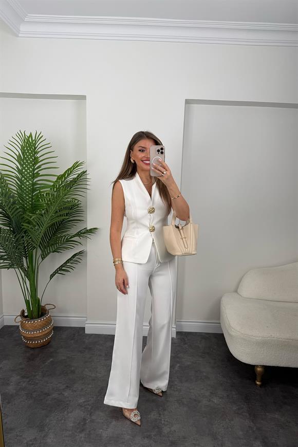 Premium Seri Gold Düğmeli Yelek Palazzo Takım Beyaz