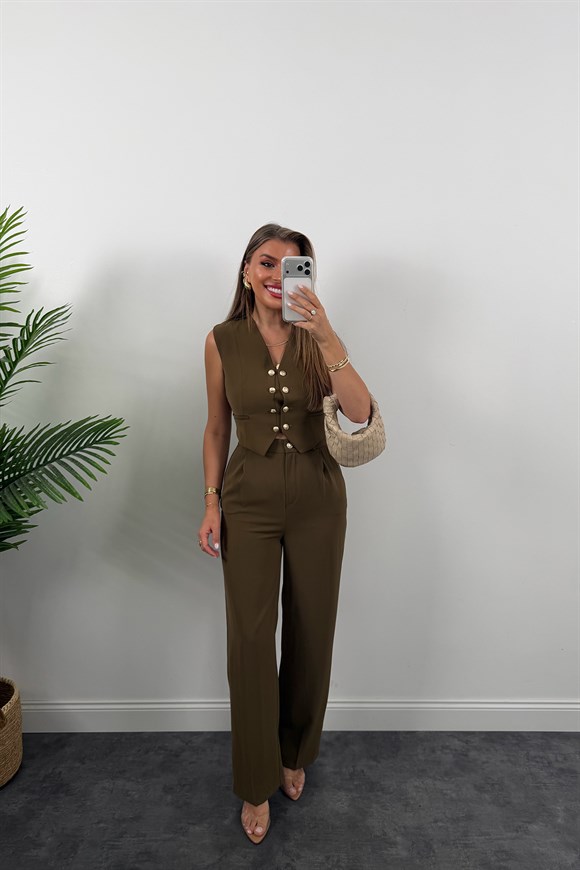 Premium Seri Gold Düğmeli Yelek Palazzo Takım Haki