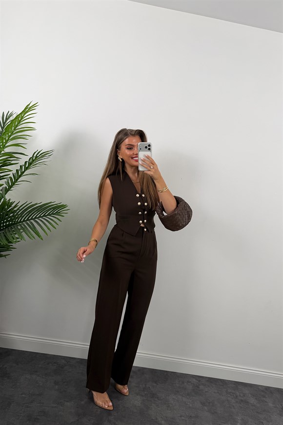 Premium Seri Gold Düğmeli Yelek Palazzo Takım Koyu Kahve