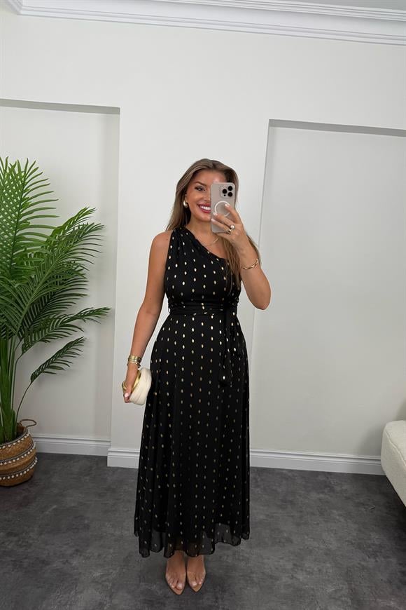 Premium Seri Gold Puantiyeli Tek Omuz Maxi Şifon Elbise