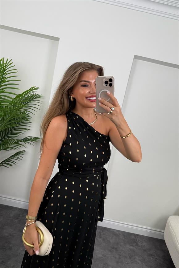 Premium Seri Gold Puantiyeli Tek Omuz Maxi Şifon Elbise