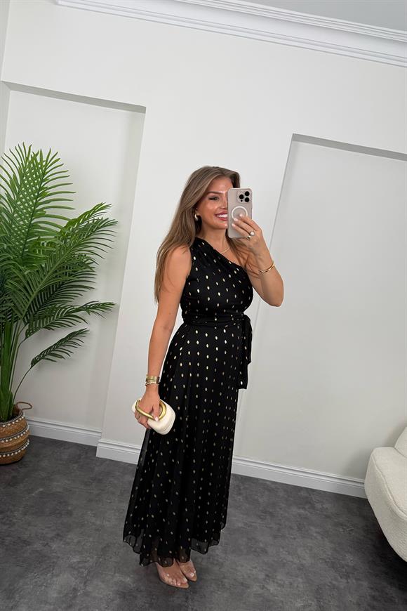 Premium Seri Gold Puantiyeli Tek Omuz Maxi Şifon Elbise