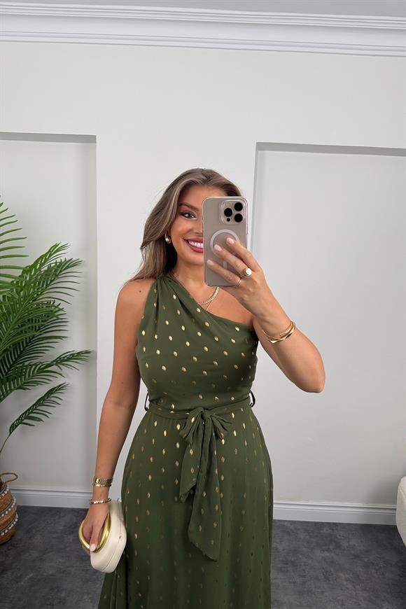 Premium Seri Gold Puantiyeli Tek Omuz Maxi Şifon Elbise Haki