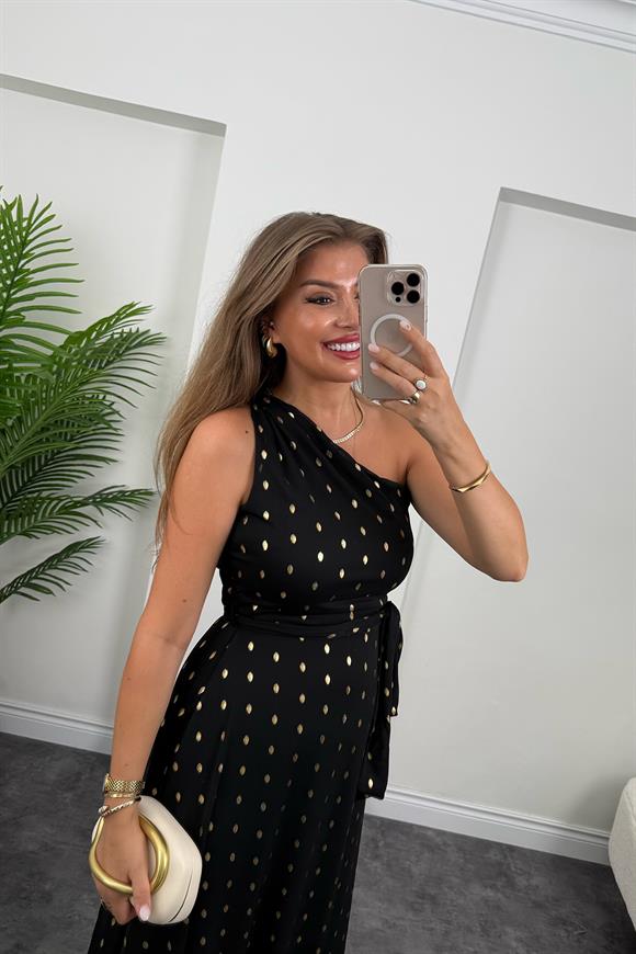 Premium Seri Gold Puantiyeli Tek Omuz Maxi Şifon Elbise