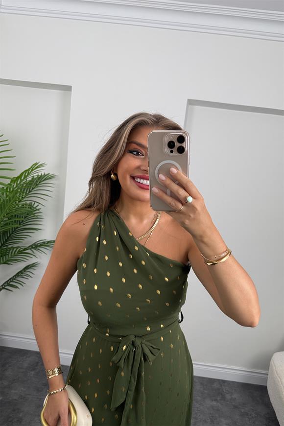 Premium Seri Gold Puantiyeli Tek Omuz Maxi Şifon Elbise Haki