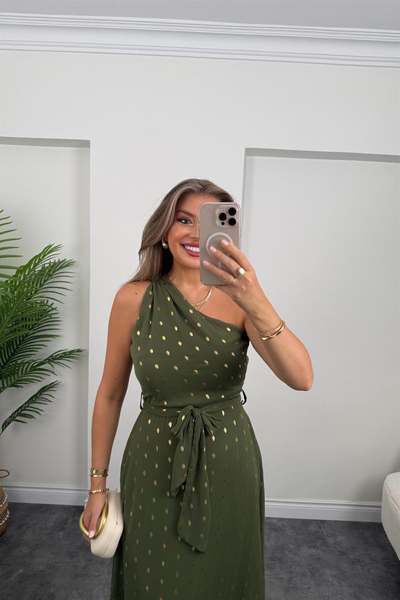 Premium Seri Gold Puantiyeli Tek Omuz Maxi Şifon Elbise Haki