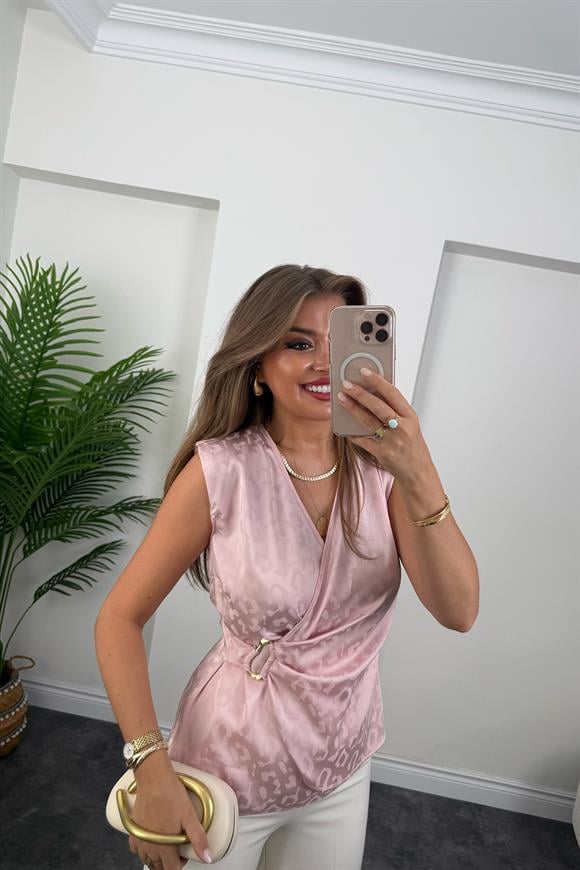 Premium Seri Gold Tokalı Leopar Jagarlı Kruvaze Saten Bluz Pembe