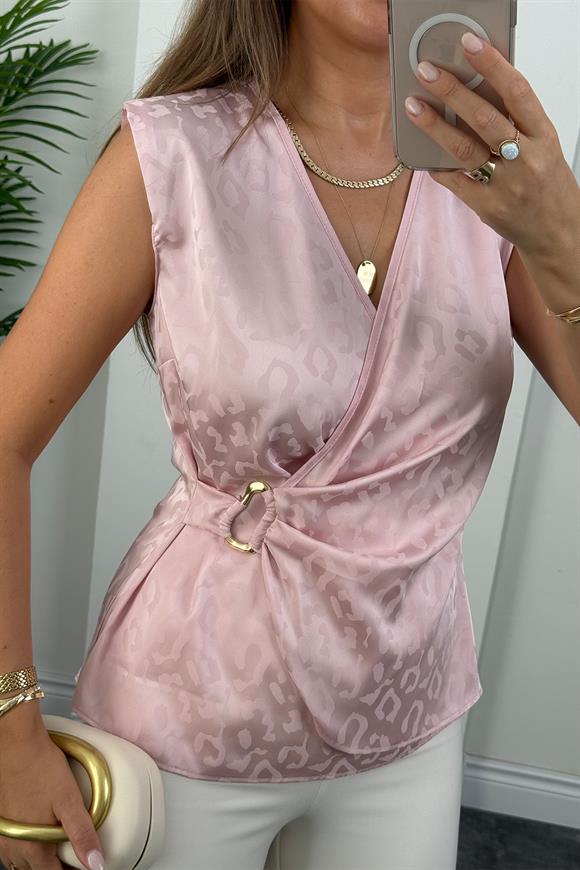 Premium Seri Gold Tokalı Leopar Jagarlı Kruvaze Saten Bluz Pembe