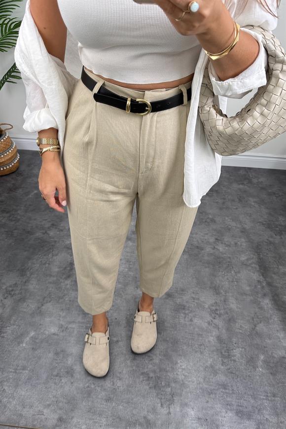 Premium Seri Ham Keten Kemerli Havuç Pantolon Taş