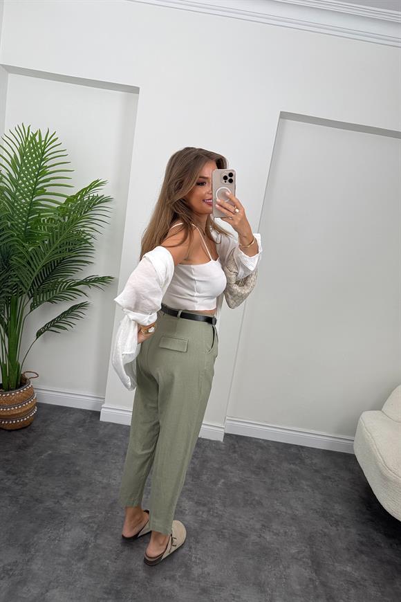 Premium Seri Ham Keten Kemerli Havuç Pantolon Haki