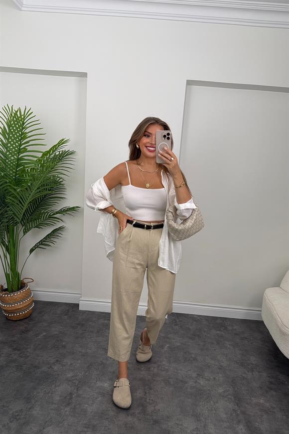 Premium Seri Ham Keten Kemerli Havuç Pantolon Taş