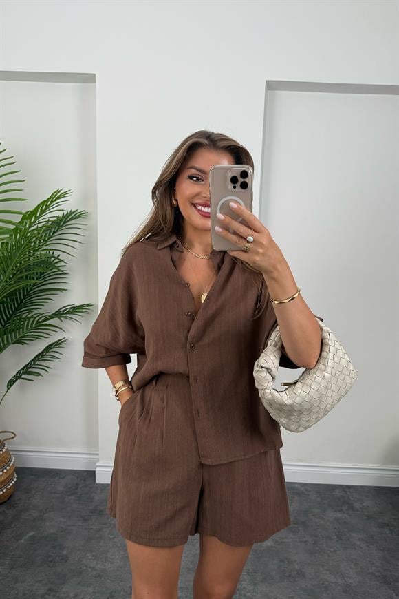 Premium Seri Ham Keten Pensli Şort Gömlek Takım Kahve