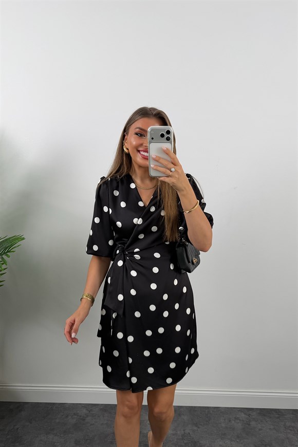 Premium Seri İpek Saten Anvelop Puantiye Elbise Siyah