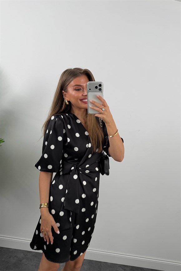 Premium Seri İpek Saten Anvelop Puantiye Elbise Siyah