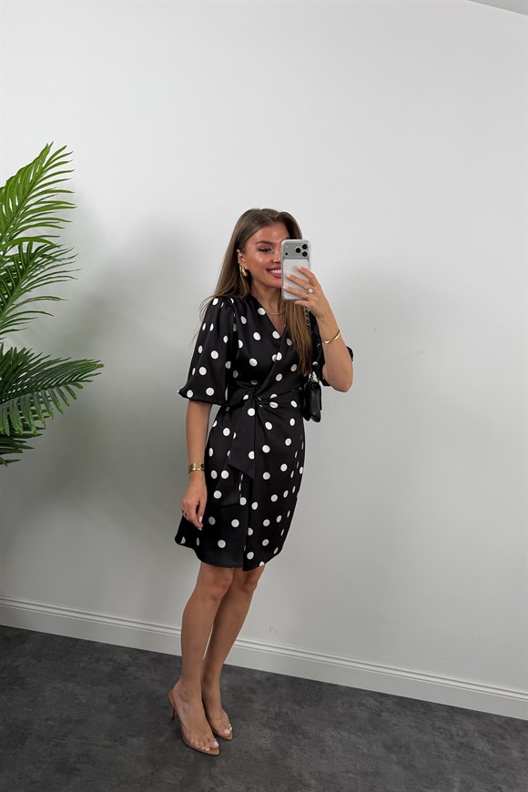 Premium Seri İpek Saten Anvelop Puantiye Elbise Siyah