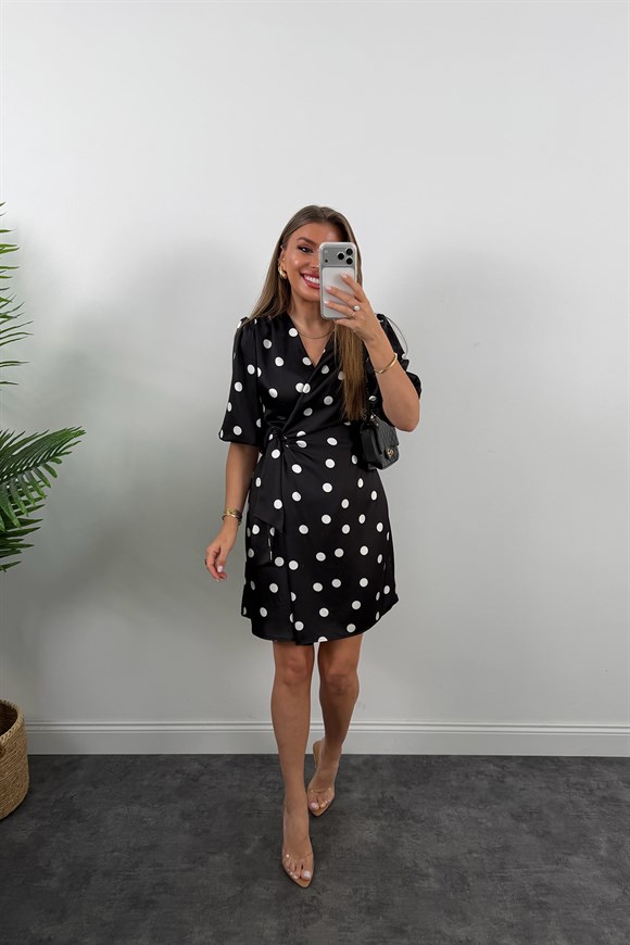Premium Seri İpek Saten Anvelop Puantiye Elbise Siyah