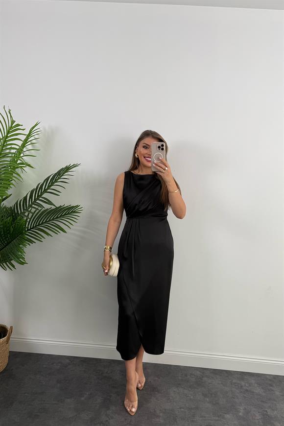 Premium Seri İpek Saten Drapeli Düz Renk Midi Elbise Siyah