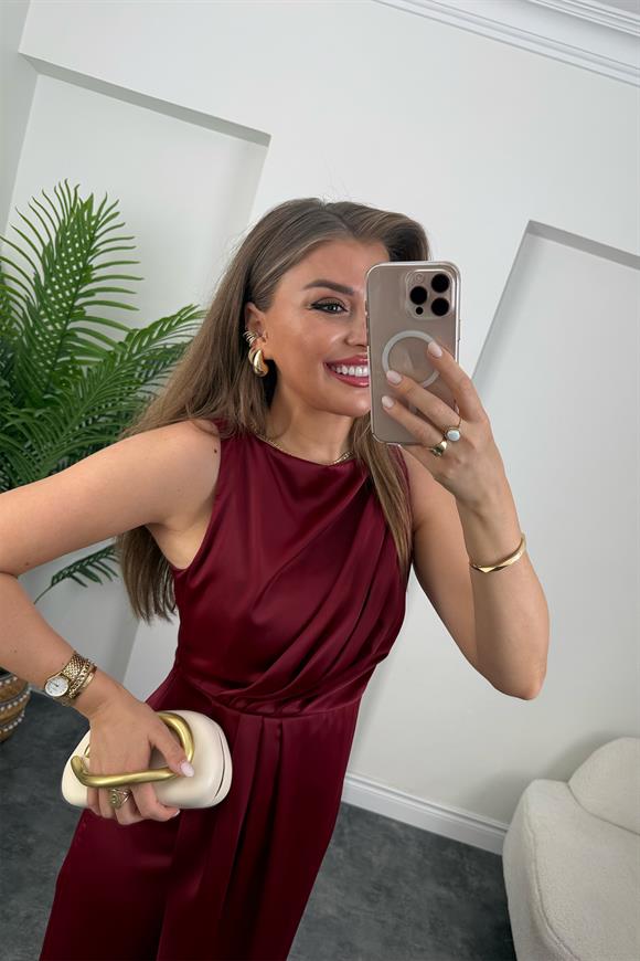 Premium Seri İpek Saten Drapeli Düz Renk Midi Elbise Bordo