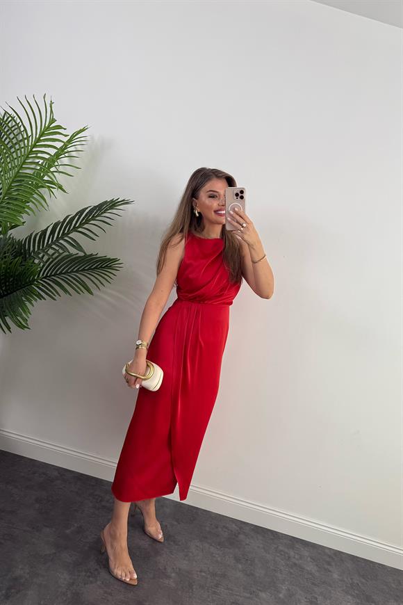 Premium Seri İpek Saten Drapeli Düz Renk Midi Elbise Kırmızı