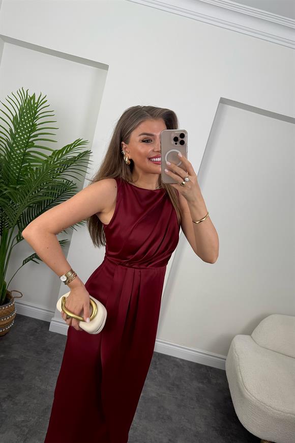 Premium Seri İpek Saten Drapeli Düz Renk Midi Elbise Bordo