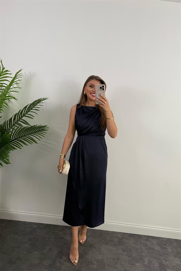 Premium Seri İpek Saten Drapeli Düz Renk Midi Elbise Lacivert