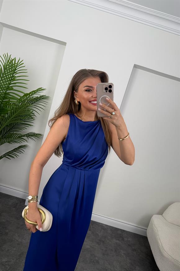 Premium Seri İpek Saten Drapeli Düz Renk Midi Elbise Sax