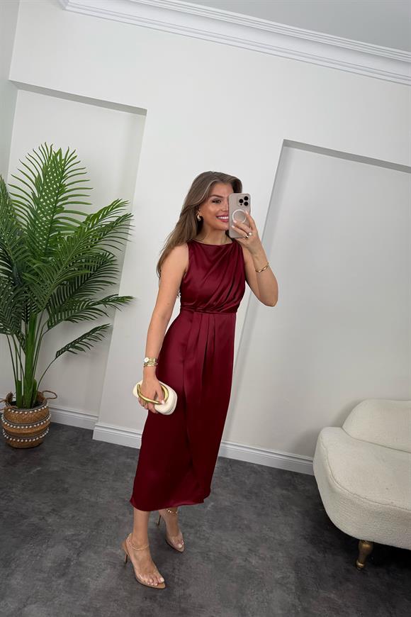 Premium Seri İpek Saten Drapeli Düz Renk Midi Elbise Bordo