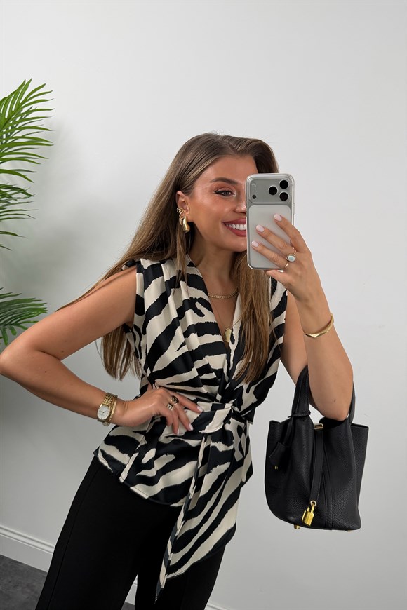 Premium Seri İpek Saten Düğümlü Kruvaze Bluz Zebra Desen