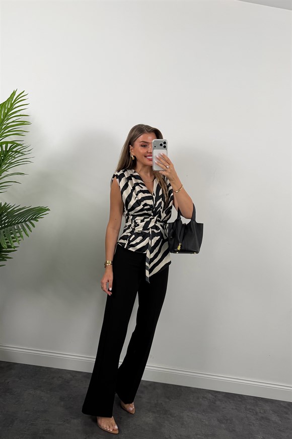 Premium Seri İpek Saten Düğümlü Kruvaze Bluz Zebra Desen