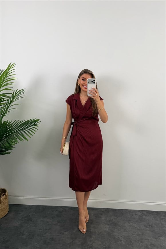 Premium Seri İpek Saten Midi Boy Anvelop Elbise Bordo