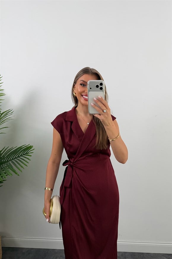 Premium Seri İpek Saten Midi Boy Anvelop Elbise Bordo