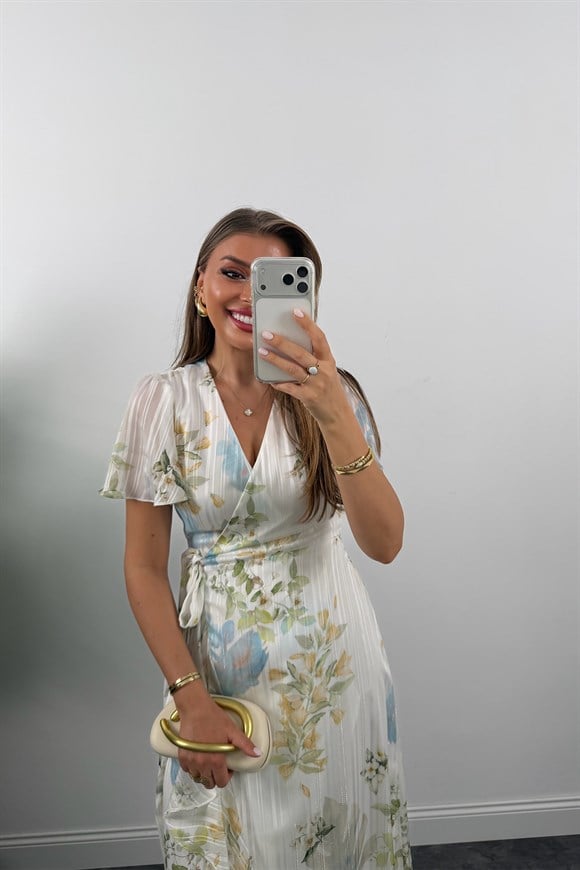 Premium Seri İpek Şifon Foral Midi Elbise