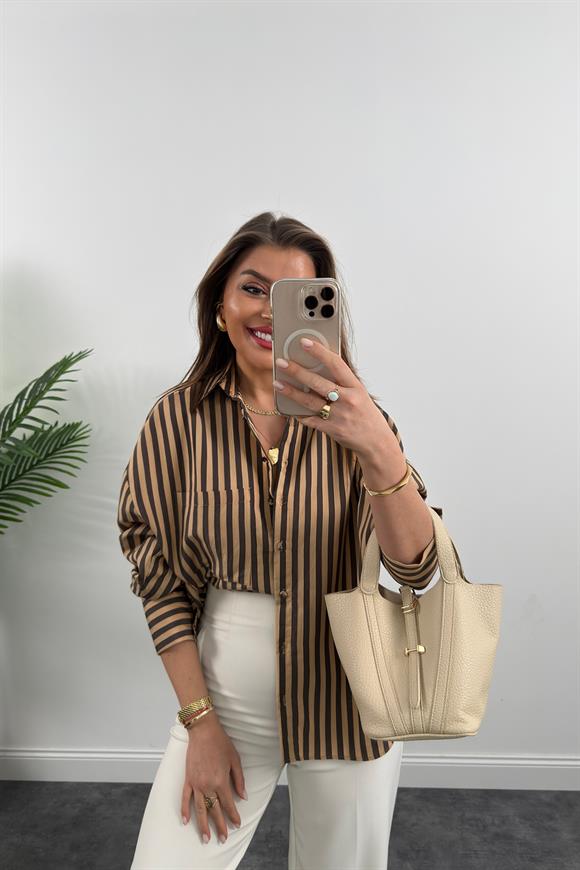Premium Seri Kahve Camel Çizgili Tensel Gömlek