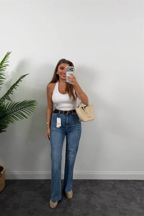 Premium Seri Kalem Paça Ütülü Palazzo Jean 1004 Klasik Mavi