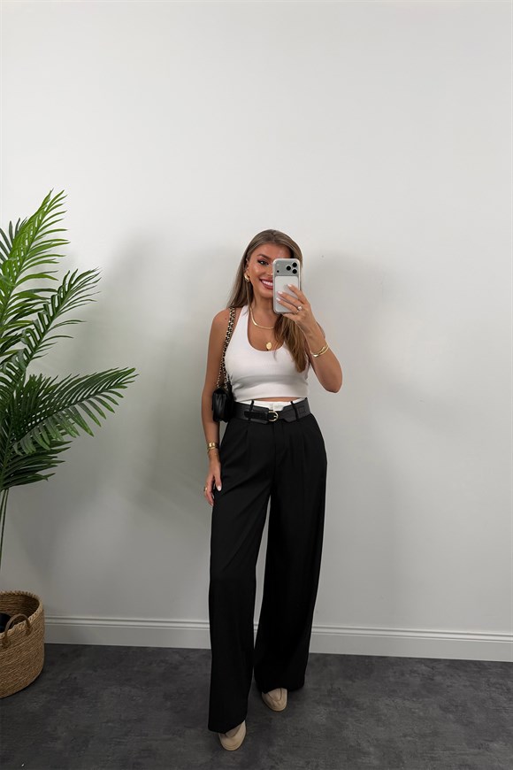 Premium Seri Kalın Kemerli Bel Detaylı Poliviskon Palazzo Siyah