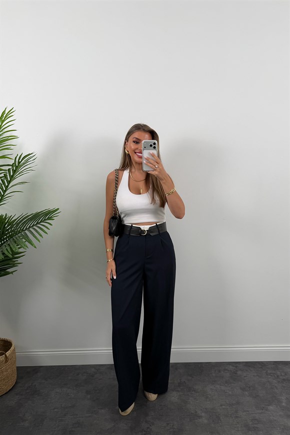Premium Seri Kalın Kemerli Bel Detaylı Poliviskon Palazzo Lacivert