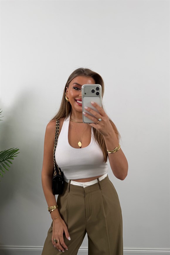 Premium Seri Kalın Kemerli Bel Detaylı Poliviskon Palazzo Karamel