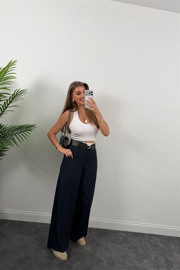 Premium Seri Kalın Kemerli Bel Detaylı Poliviskon Palazzo Lacivert