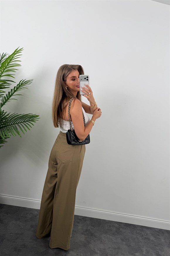 Premium Seri Kalın Kemerli Bel Detaylı Poliviskon Palazzo Karamel