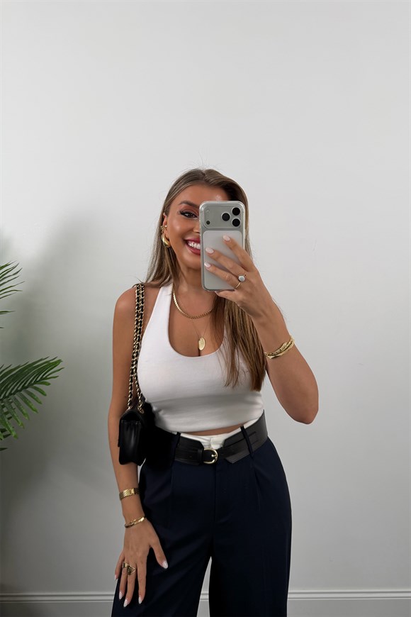 Premium Seri Kalın Kemerli Bel Detaylı Poliviskon Palazzo Lacivert