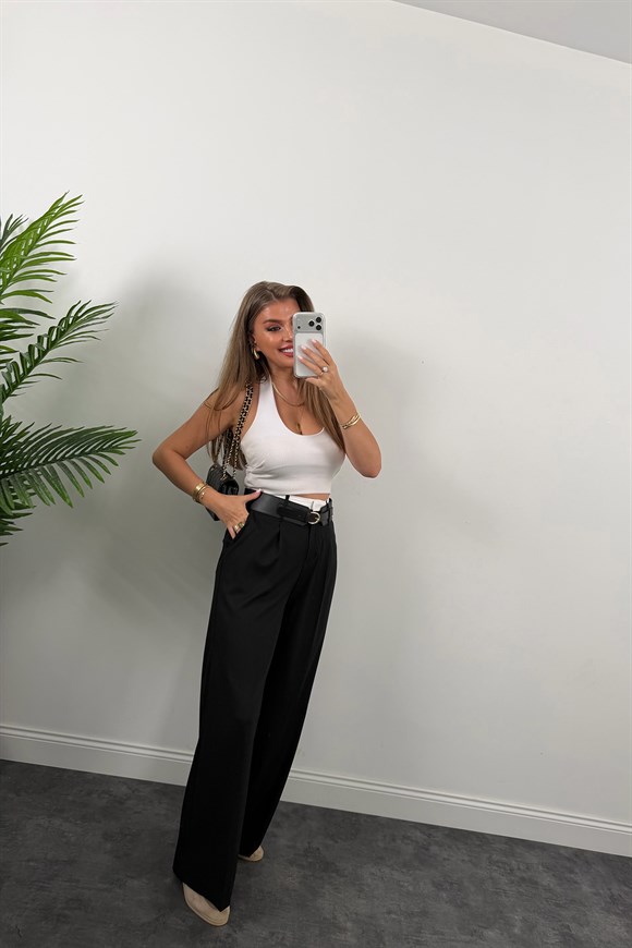 Premium Seri Kalın Kemerli Bel Detaylı Poliviskon Palazzo Siyah