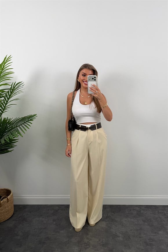 Premium Seri Kalın Kemerli Bel Detaylı Poliviskon Palazzo Krem