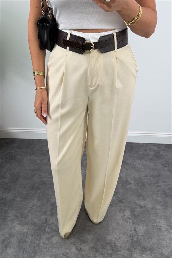 Premium Seri Kalın Kemerli Bel Detaylı Poliviskon Palazzo Krem