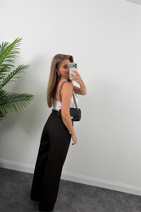 Premium Seri Kalın Kemerli Bel Detaylı Poliviskon Palazzo Koyu Kahve