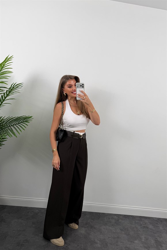 Premium Seri Kalın Kemerli Bel Detaylı Poliviskon Palazzo Koyu Kahve